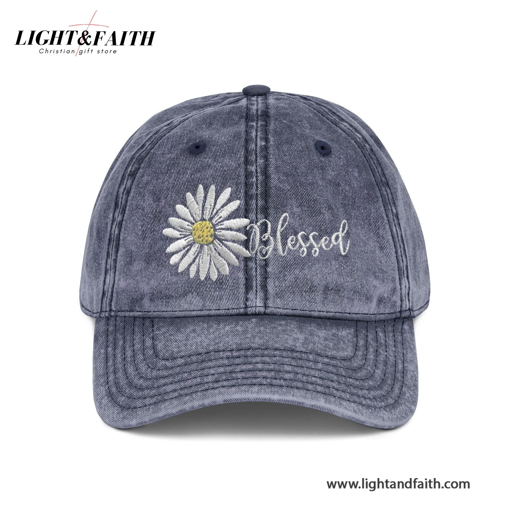 Blessed Daisy Embroidered Cap, Christian Faith Washed Black Cap For Women, For Men, Inspirational Floral Baseball Hat Gift For Believers LAFH09